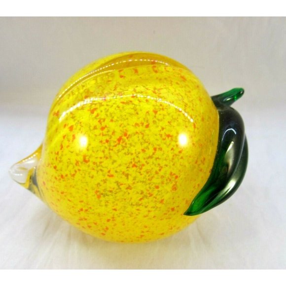 Yellow Lemon Fruit with Green leaf Stem Art Glass Figurine Paperweight - Picture 1 of 12
